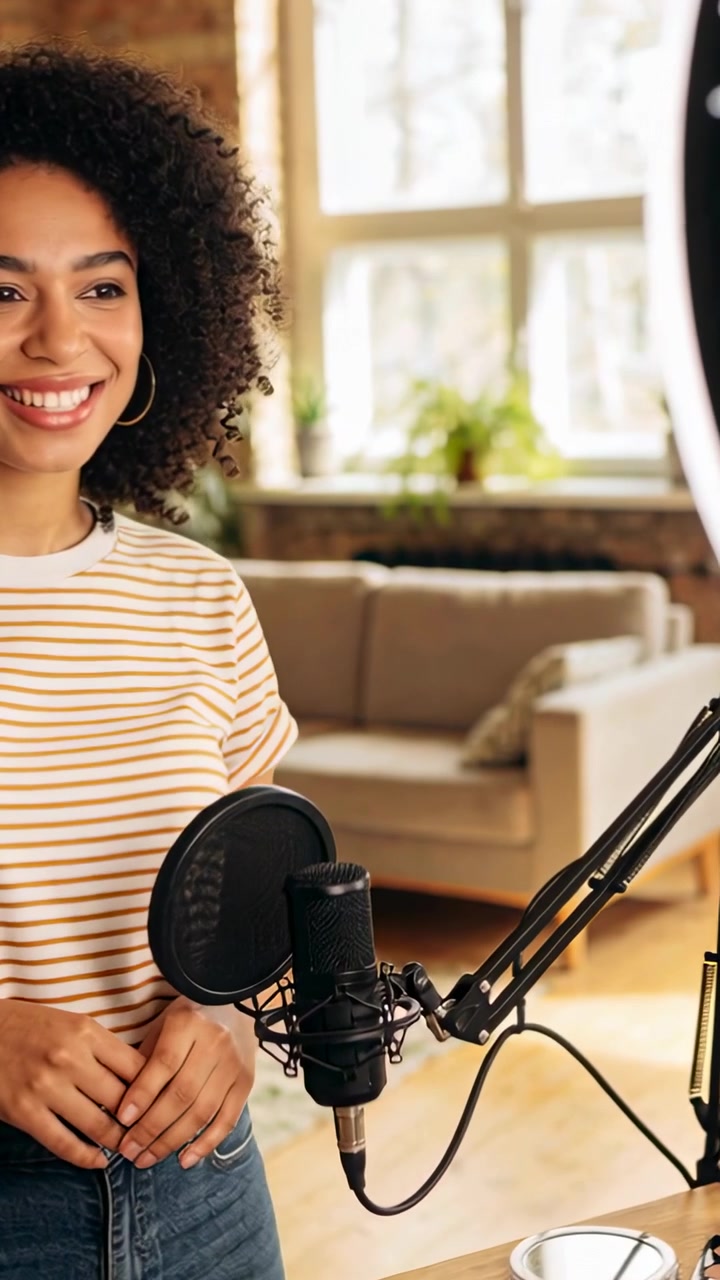 Video verticale: Avvio dello streaming, un creatore con maglietta a righe e jeans che parla al microfono nel suo studio casalingo.