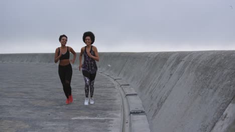 Two-mixed-race-women-running-on-docks