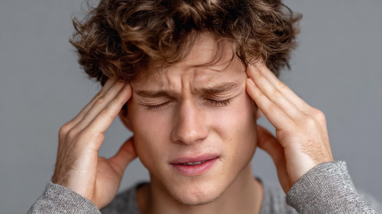 A Young Man Struggling with Pain: Captured Moments of Distress and Hope in Two Frames as He Experiences a Headache and Emotions in a Calm Background