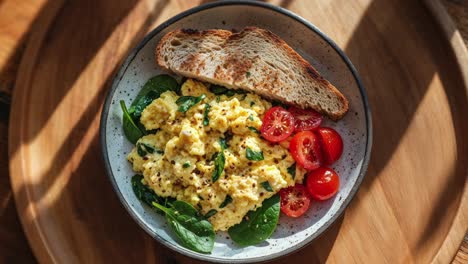 scrambled eggs with toast and vegetables