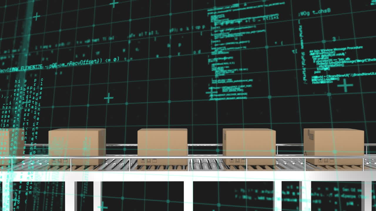 Animation of financial data processing over cardboard boxes on conveyor belt