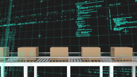 animación del procesamiento de datos financieros sobre cajas de cartón en cinta transportadora