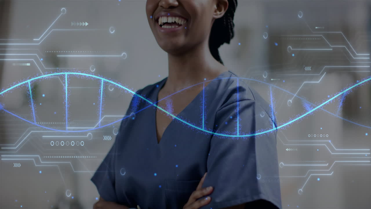 Animation of dna strand and data processing over african american female doctor in hospital