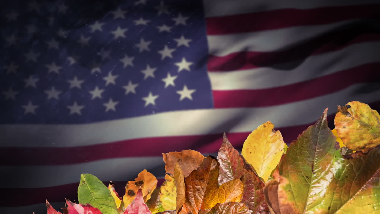 animación de hojas de otoño sobre la bandera de los estados unidos de américa en el fondo
