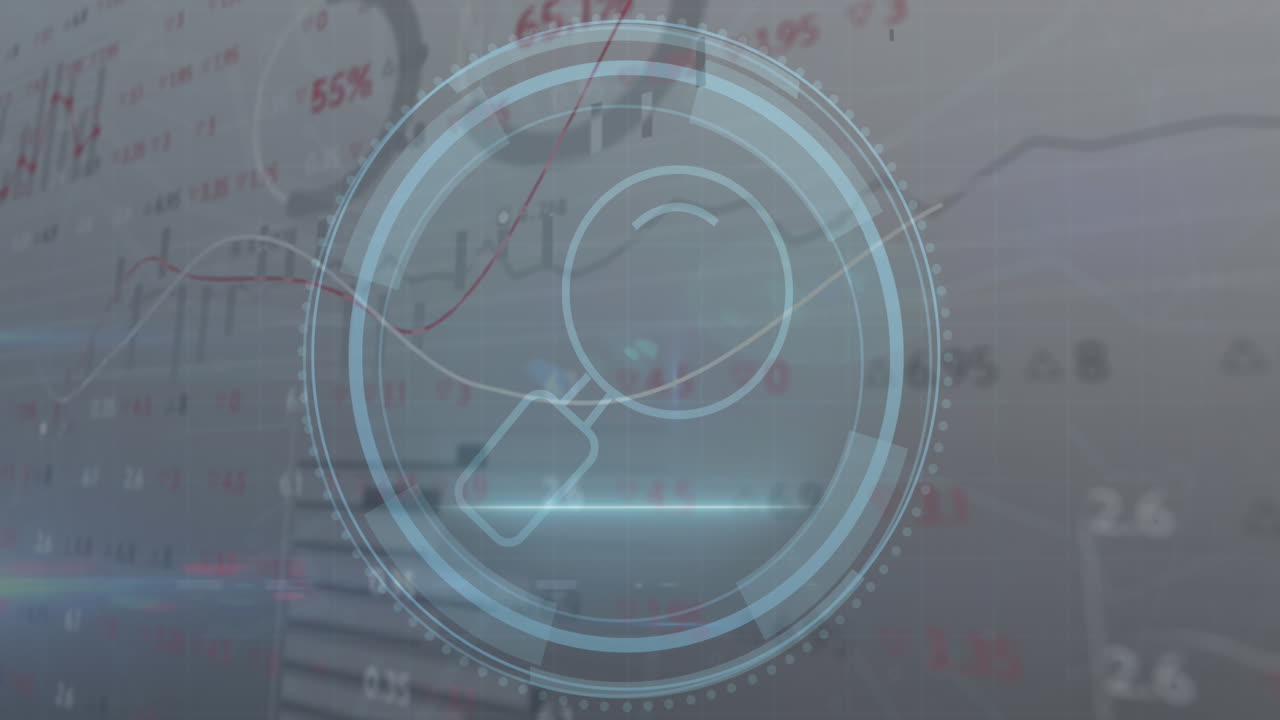 animación de lupa, texto y escudo de ciberseguridad, círculos sobre gráficos y tablero de negociación