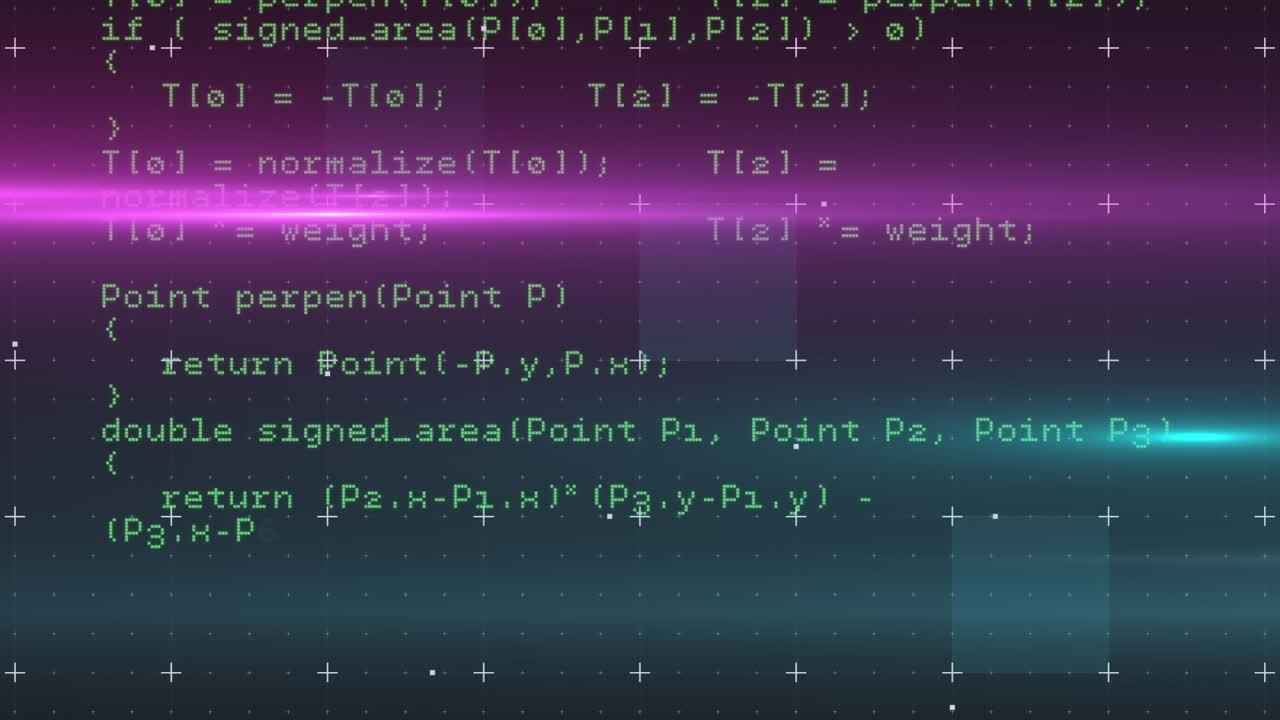 Animation of looping computer language and squares over multicolored lens flares
