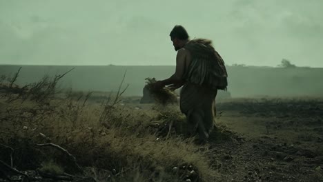 a man in the field gathers grass and wild herbs