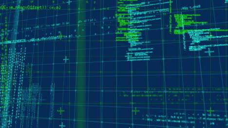 animation of data processing over grid on blue background