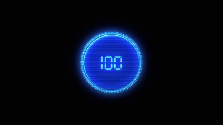 Glowing blue digital number 100 appears inside circular counter on black countdown sequences timers