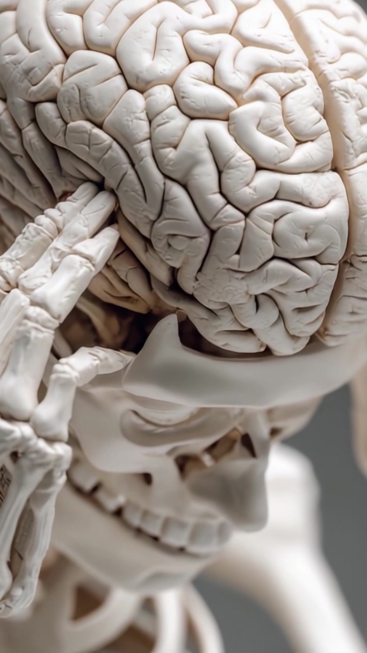 Modello anatomico dettagliato che mostra l'intricata struttura del cranio e del cervello umano, focalizzato sulle connessioni neurali e sulle caratteristiche craniche.