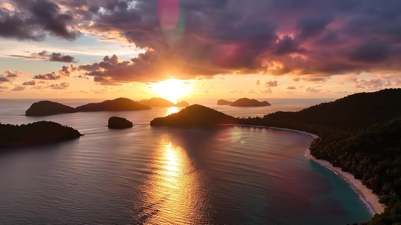 Pôr do Sol Dourado Deslumbrante sobre Ilhas Tropicais e Mar Calmo