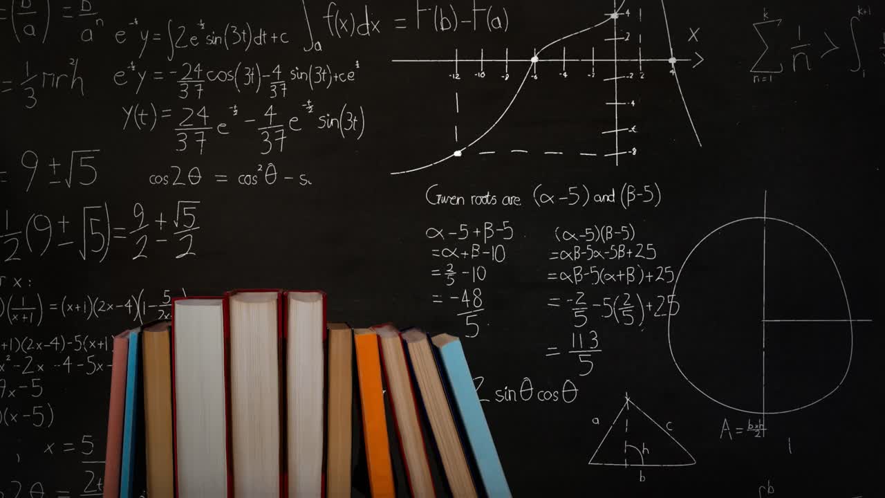Pila di libri, equazioni matematiche e grafici