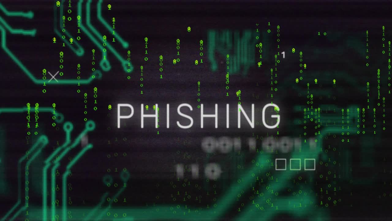 Animation of phishing text over circuit board and data processing