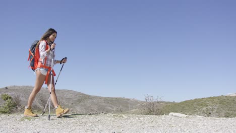 Young-female-tourist-walking-in-mountains