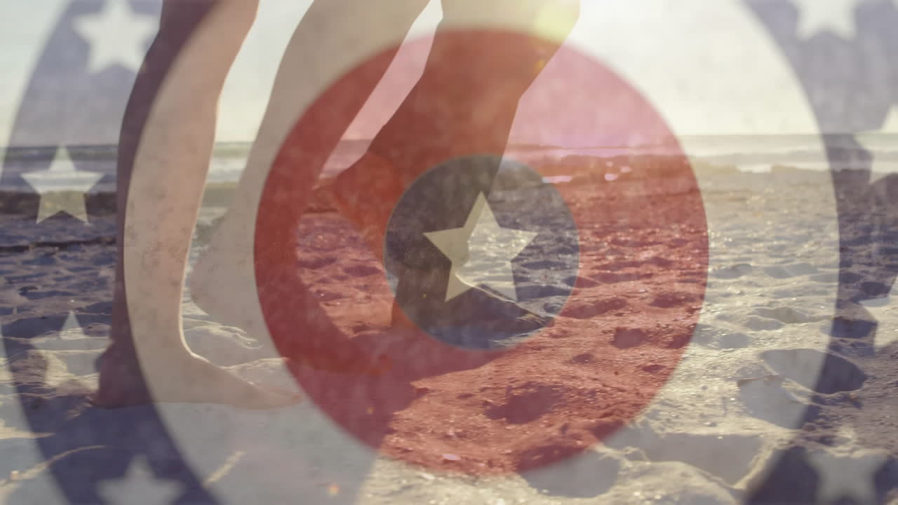 Walking on sandy beach, feet with animation of patriotic star and circle design