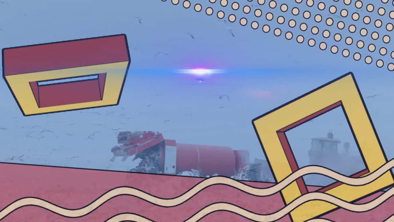 animación de cuadrados, puntos y patrones de olas sobre la basura derramada de la basura en el depósito de basura.