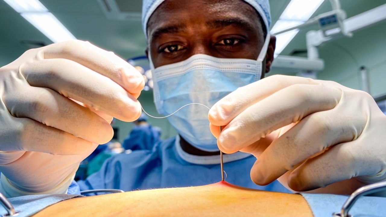 Holding suture needle and thread, lead surgeon in blue scrubs closing abdominal incision in OR