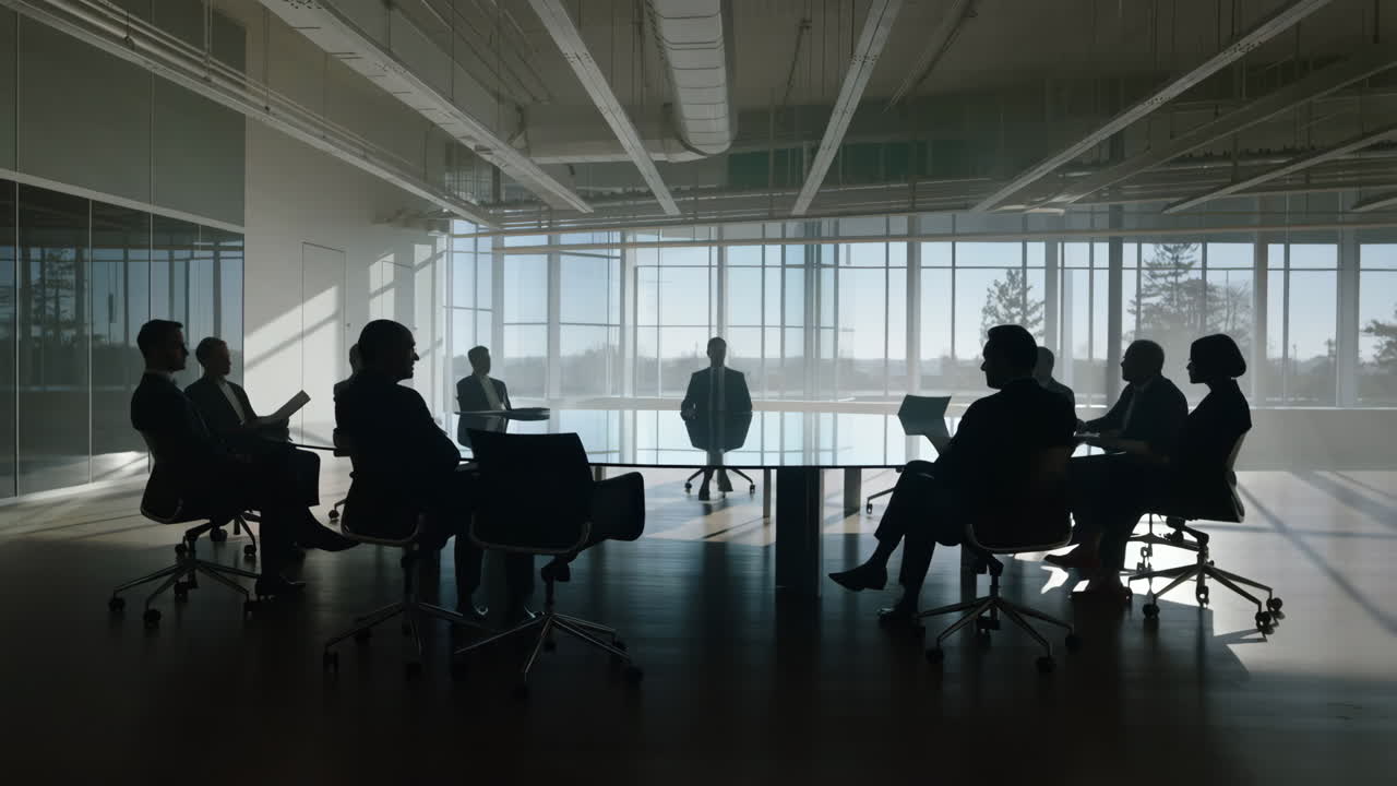 Silhouettes of business professionals meeting in a modern conference room