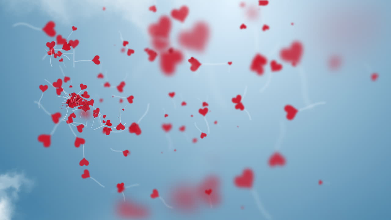 Valentine's day greeting card and love concept. Red flying heart shape on clouds and blue sky. Loop animation.