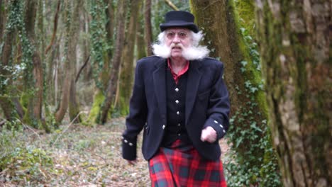 Older-man-with-beard-walking-through-woodland,-leprechaun-concept