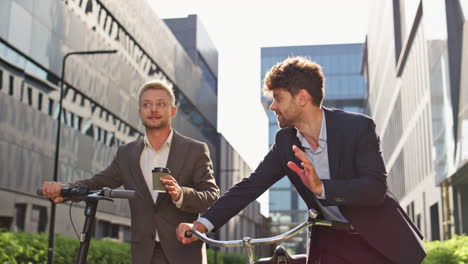 corporate people commuting morning together. two men discussing work project