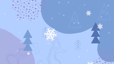 Animation-of-christmas-trees-over-snow-falling-on-blue-background