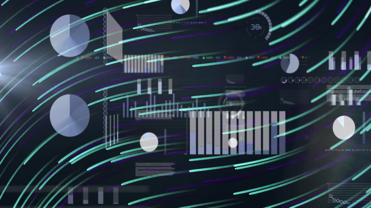 Data visualization with charts and graphs over dynamic swirling lines animation
