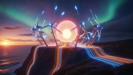 a stunning synthesis of nature and technology: an ethereal structure at twilight illuminates the shoreline with dynamic light trails and a futuristic aesthetic