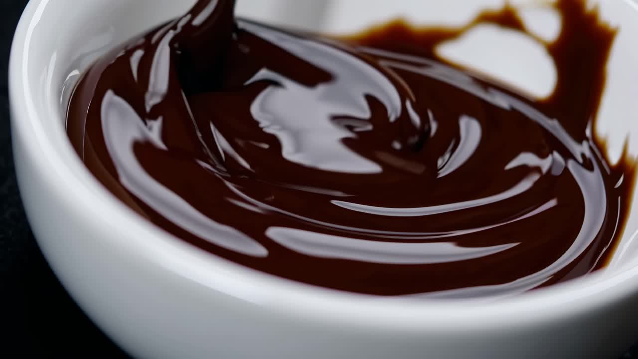 Video ravvicinato di ricca salsa al cioccolato che si versa in una ciotola bianca, ripreso dall'alto