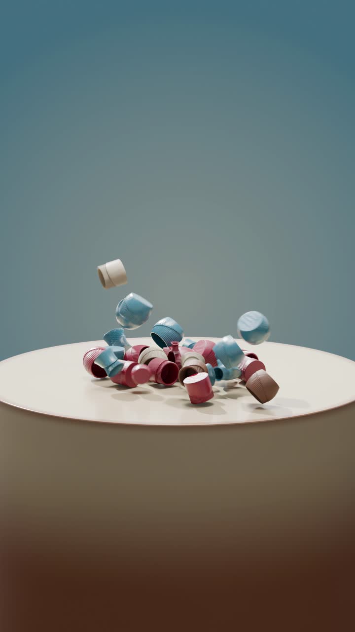 tapas de botellas coloridas en una plataforma cilíndrica