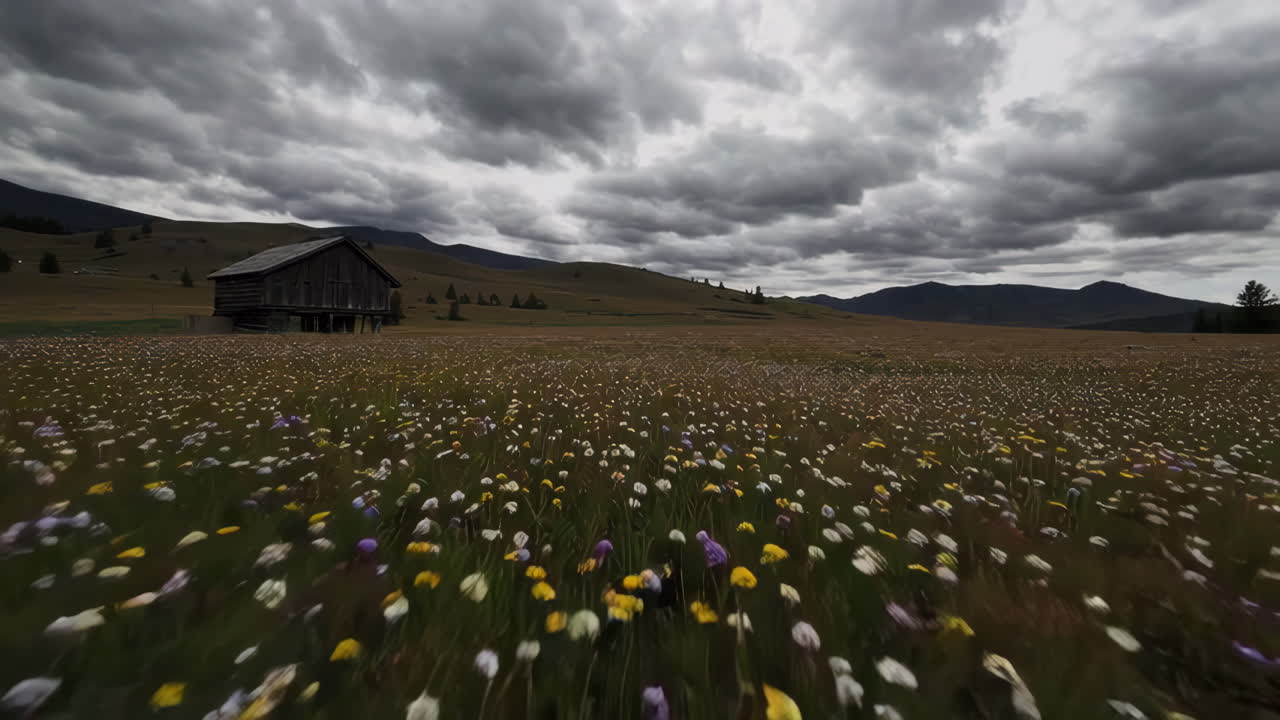 Alpine Meadow with Wooden Barn and Cloudy Sky