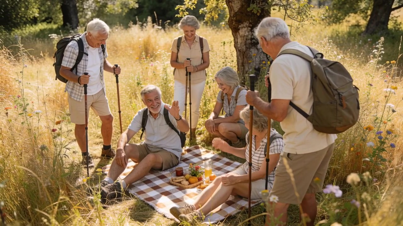 Pausing on hike, six senior hikers sitting in meadow by tree, sharing food on checkered cloth
