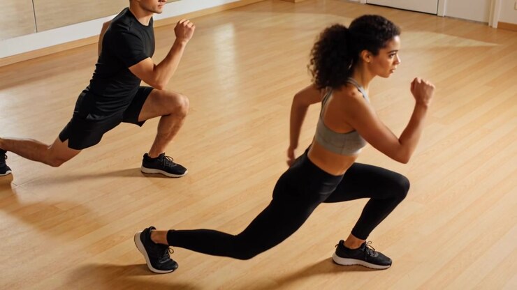 Donna che fa affondi in testa mentre l'uomo la segue in palestra per l'allenamento, con reggiseno sportivo, maglietta, scarpe, specchio e pavimento.