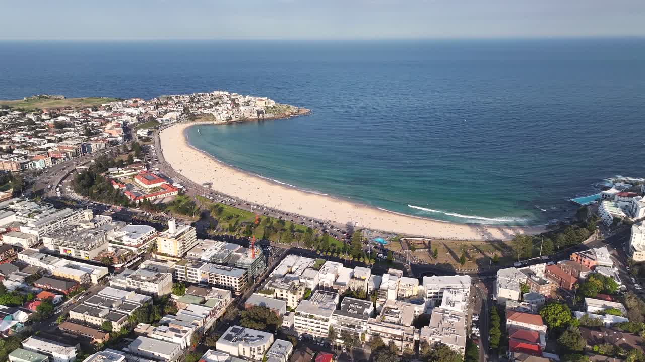 White-sand Crescent Shores Of Bondi Beach In Sydney, New South Wales, Australia. Aerial Drone Shot