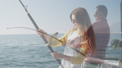 animation of caucasian woman fishing with caucasian man fishing and sea