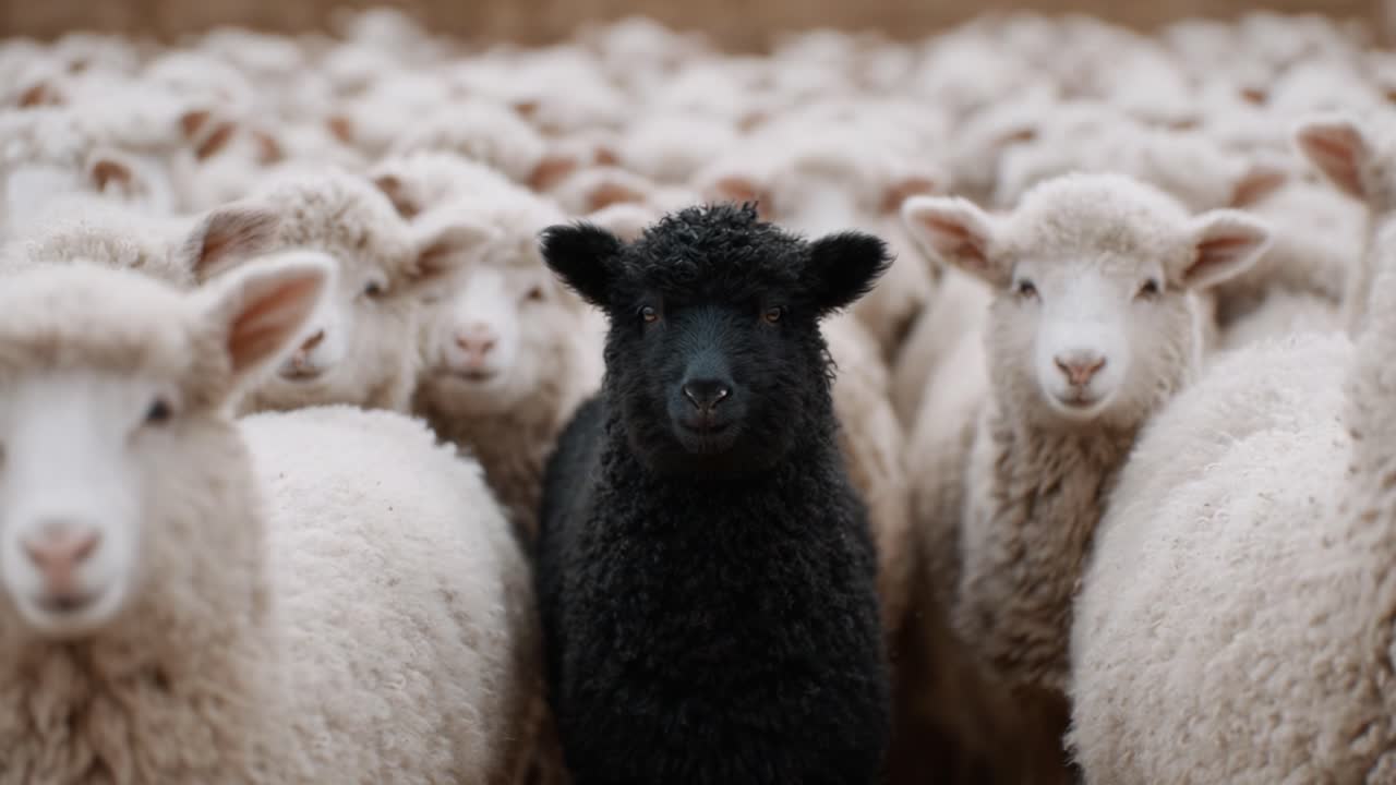 A solitary black sheep stands out amidst a crowd of white sheep, showcasing the contrast between individuality and conformity in a pastoral landscape