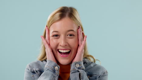 surprise, excited and face of woman in studio