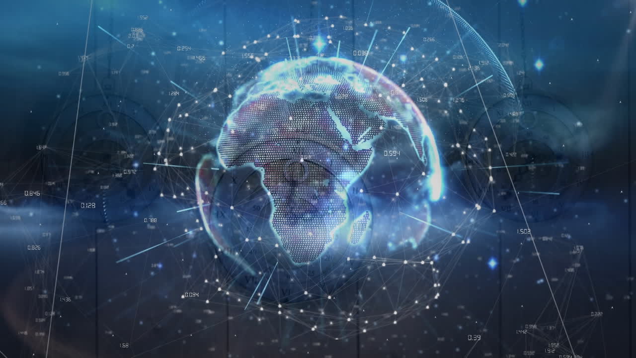 animación de redes de conexiones y globo sobre múltiples relojes moviéndose rápidamente