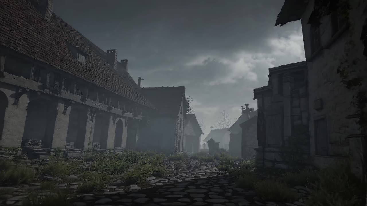 A moody, atmospheric video scene of an abandoned medieval village, captured from a low-angle