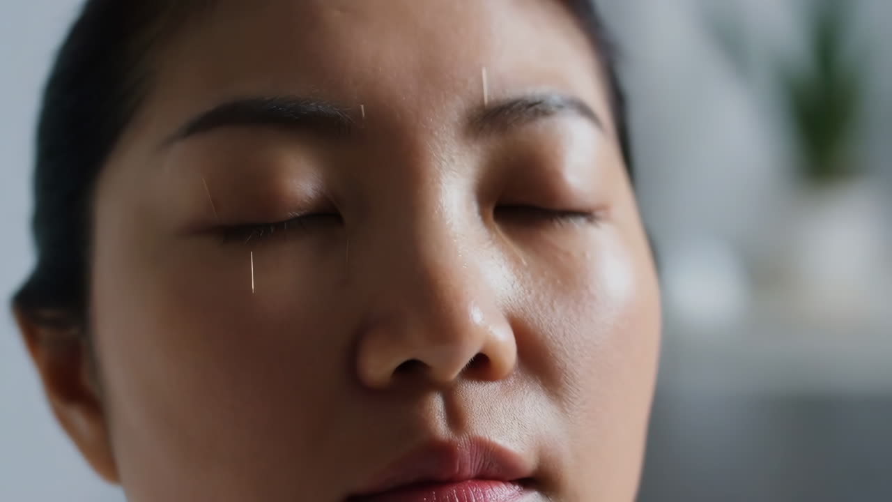 Close-up of a woman receiving facial acupuncture treatment