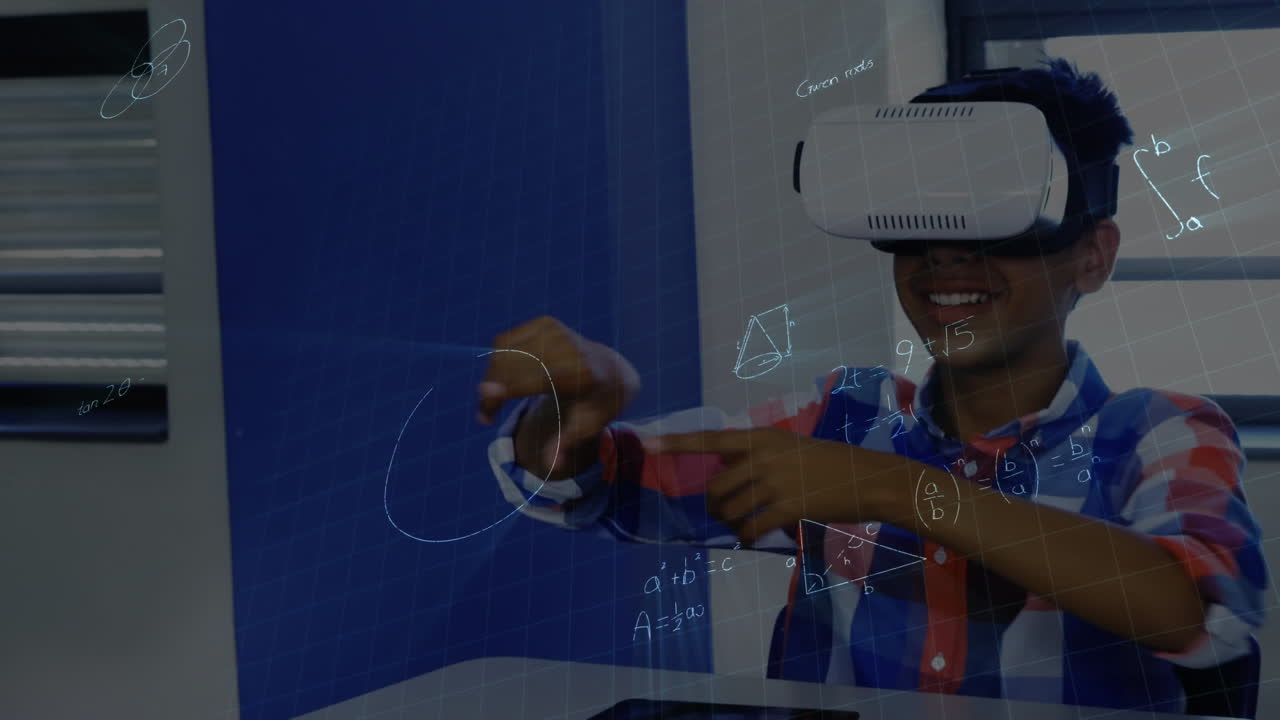 Animation of mathematical formulas over schoolboy using vr headset