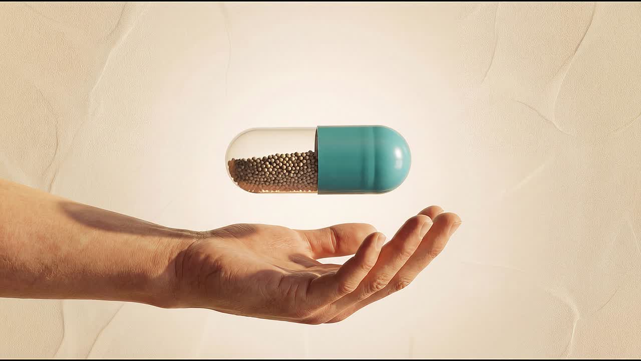 Mano umana con capsula medica fluttuante e pellet in movimento