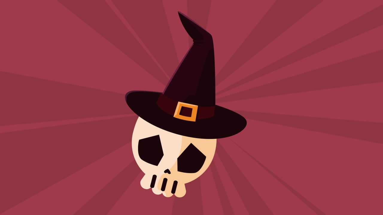 happy halloween animation with witch hat in skull