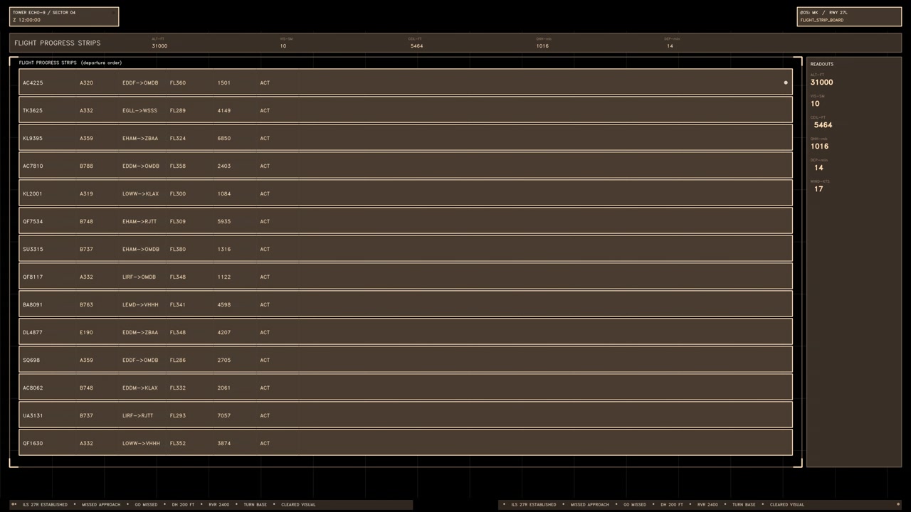 An amber air traffic control flight progress board displaying scrolling flight data strips and readouts. Loops seamlessly with a transparent alpha channel for easy video overlay
