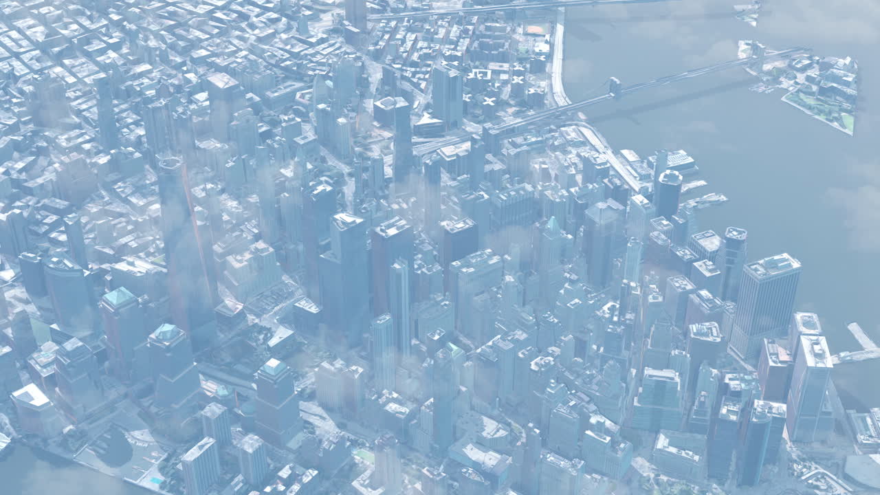 Hazy Blue Cityscape with Skyscrapers and a Bridge from an Aerial View