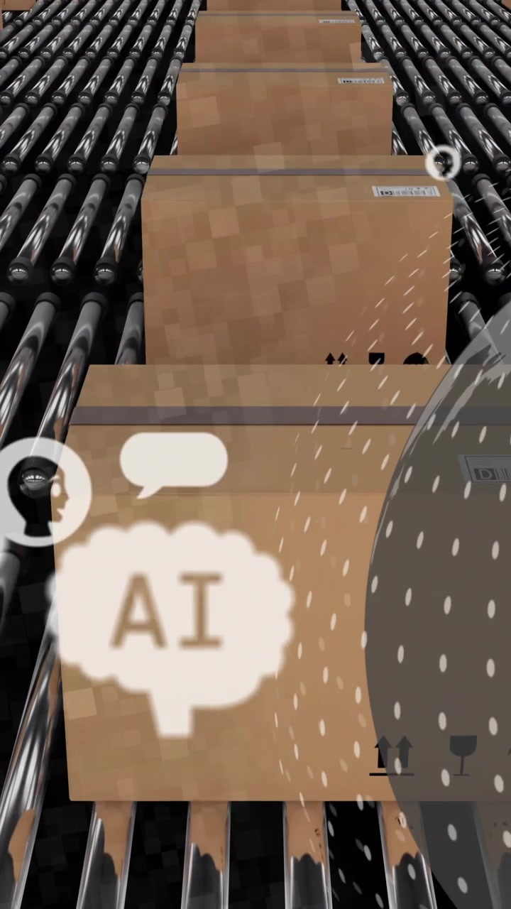 AI e bolle di chat su nastro trasportatore con scatole di cartone
