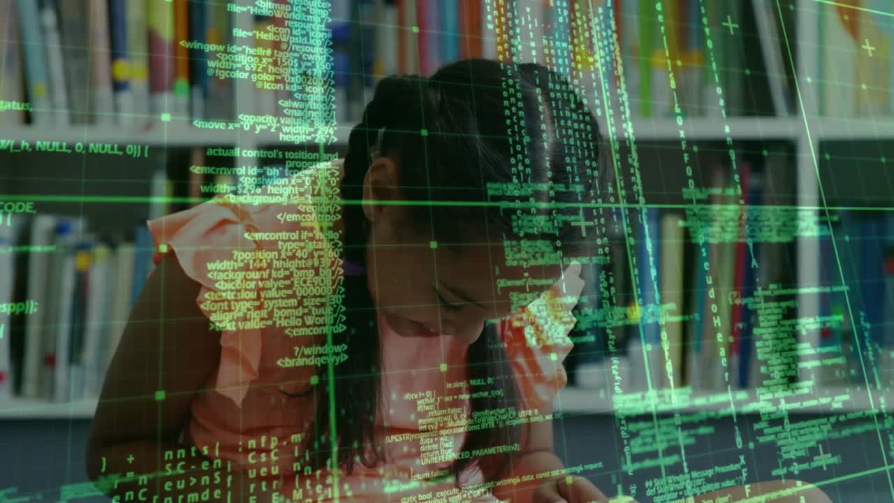 Girl examining handheld device in library, tapping pages while studying, education HUD on device
