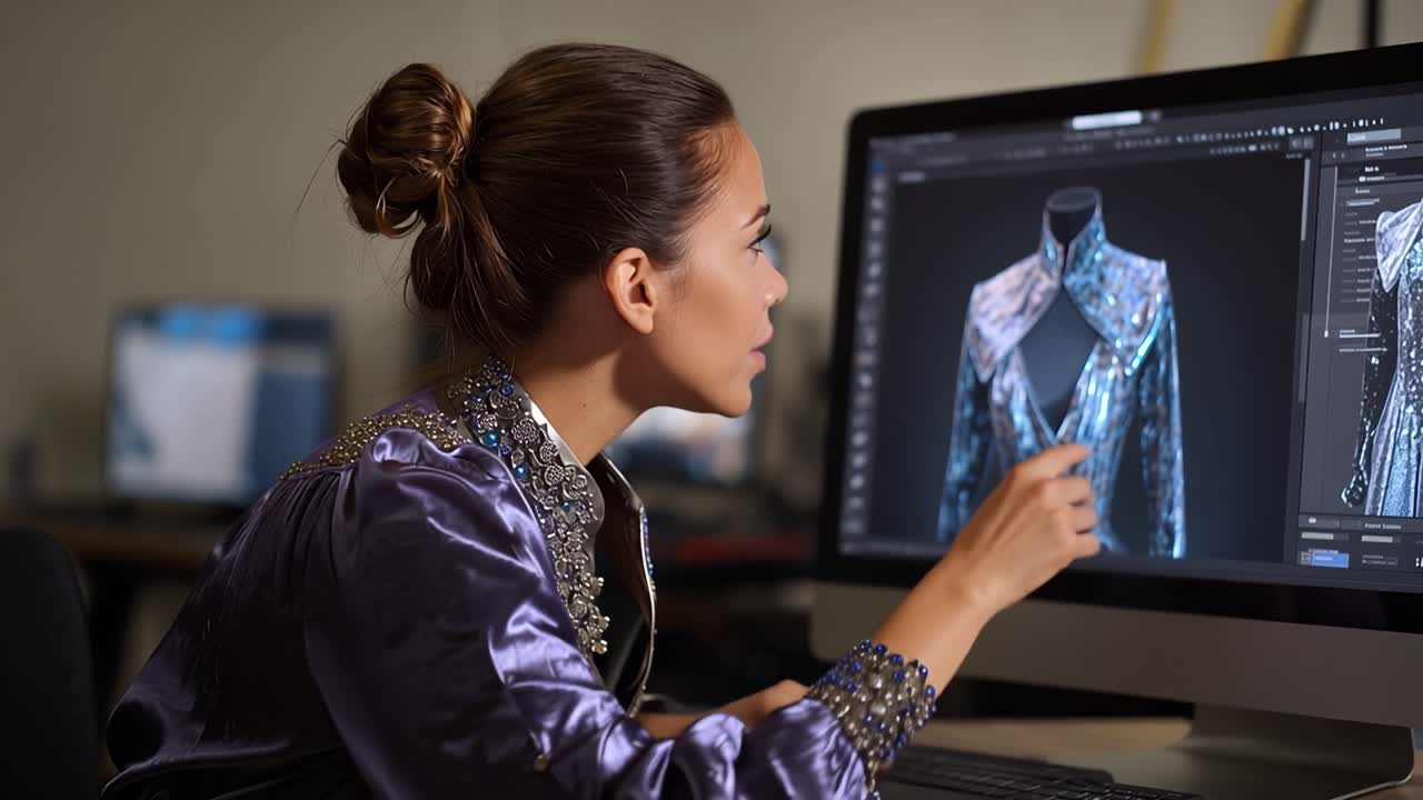 Woman focuses on digital fashion design on screen. Her expression shows concentration and creativity. She wears a shimmering, textured garment. The monitor displays a 3D modeled jacket