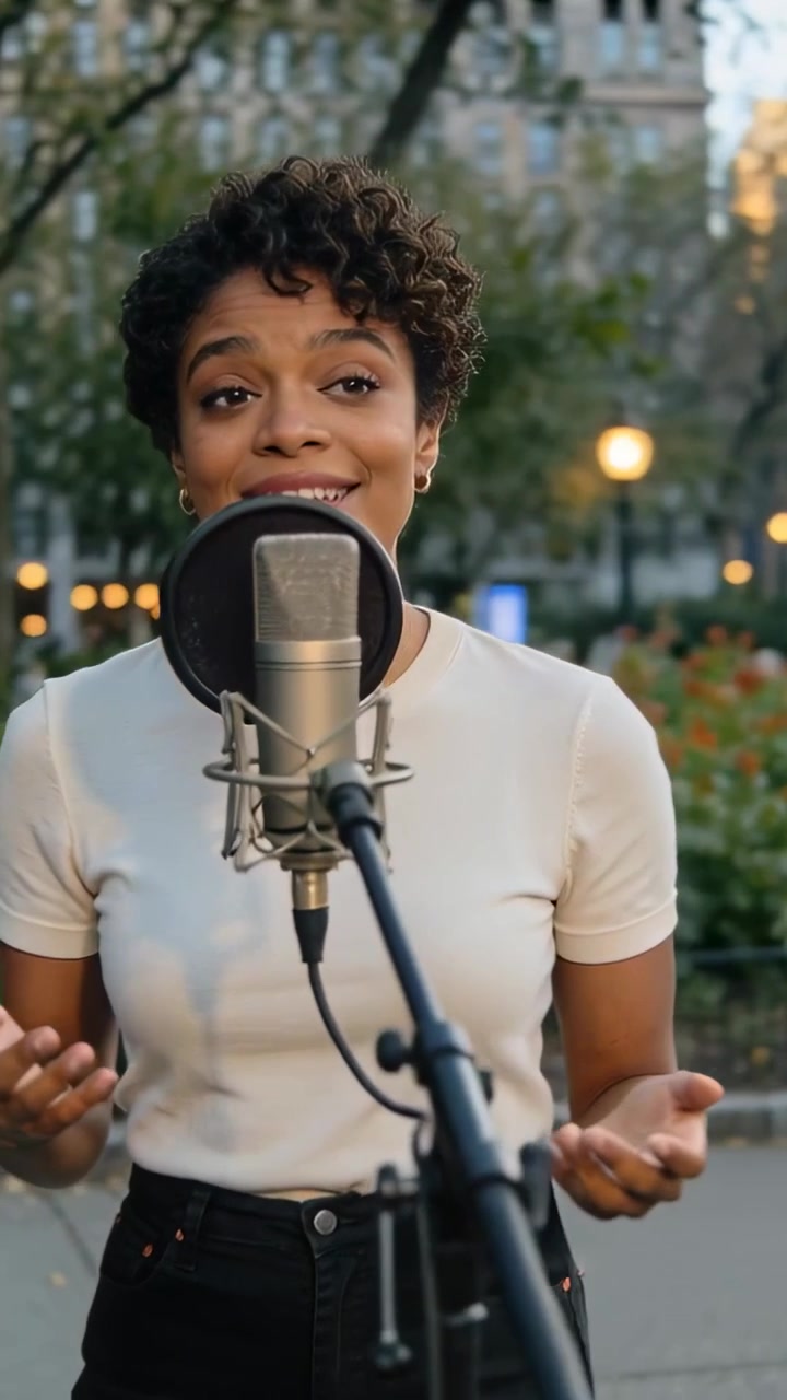 Video verticale: Donna che canta in maglietta bianca e jeans, inspira, si china verso un microfono da studio al parco, registra