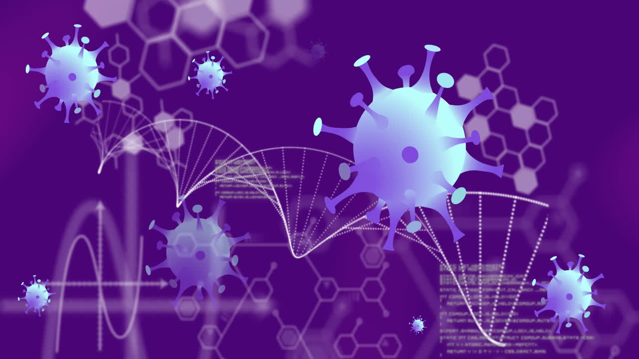 animación de células de covid-19 que se mueven, procesamiento de datos y hilado de cadena de adn